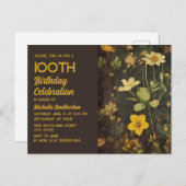 素朴ヴィンテージイエローブラックフローラ100誕生日 インビテーションポストカード (正面/裏面)