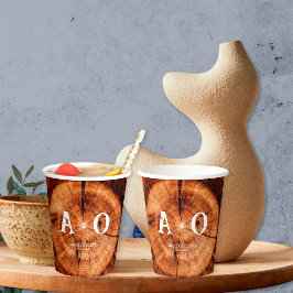 素朴ヴィンテージウッドツリースライスモノグラム結婚ズ 紙コップ