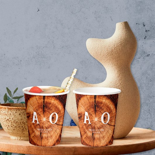 素朴ヴィンテージウッドツリースライスモノグラム結婚ズ 紙コップ