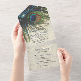 素朴ヴィンテージウッドネイビーターコイズピーコック結婚ズ オールインワン招待状