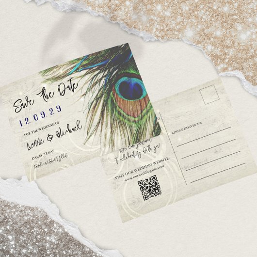 素朴ヴィンテージウッドネイビーターコイズ孔雀 案内ポストカード