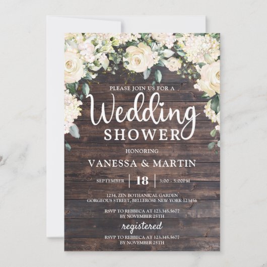 素朴ヴィンテージウッドホワイトフローラウェディングシャワー 招待状 (正面)