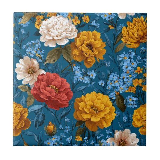 素朴ヴィンテージカラフル花柄 タイル (正面)