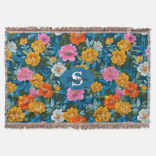 素朴ヴィンテージカラフル花柄(2) スローブランケット (正面)