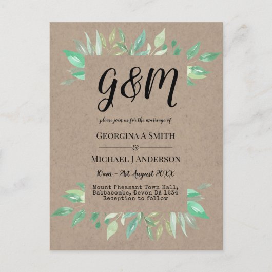 素朴ヴィンテージスクリプト結婚式招待状予算 ポストカード (正面)