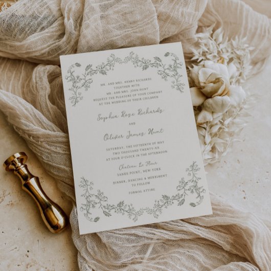 素朴ヴィンテージセージフローララインア結婚ート 招待状