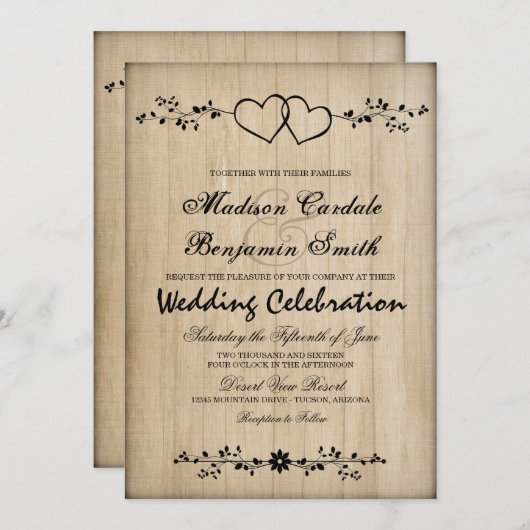 素朴ヴィンテージダブルハート結婚式招待状 招待状 (正面/裏面)