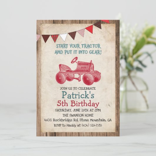素朴ヴィンテージトラクターボーイ誕生日招待状 招待状 (スタンド正面)