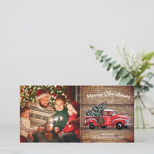 素朴ヴィンテージトラックのクリスマスフォト8x4 シーズンカード (スタンド正面)