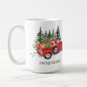 素朴ヴィンテージトラックツリー雪クリスマス名 コーヒーマグカップ (左)