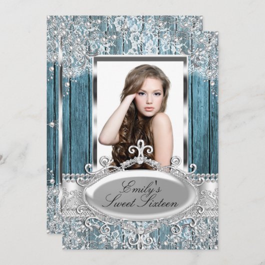 素朴ヴィンテージパールレース&ウッドフォトスイート16 招待状 (正面/裏面)