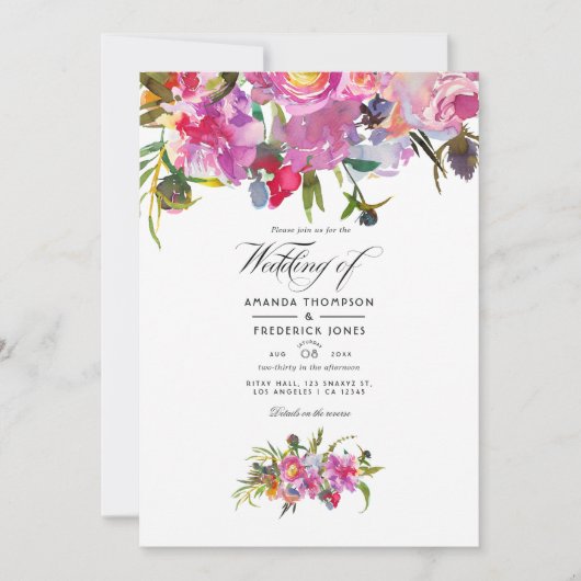 素朴ヴィンテージピンク牡丹の水の色結婚の 招待状 (正面)