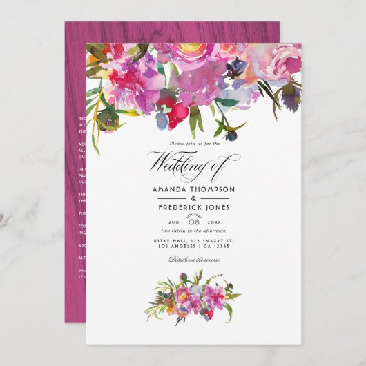 素朴ヴィンテージピンク牡丹の水の色結婚の 招待状 (正面/裏面)