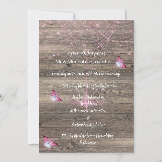 素朴ヴィンテージピンク蝶結婚式招待状 招待状 (正面)