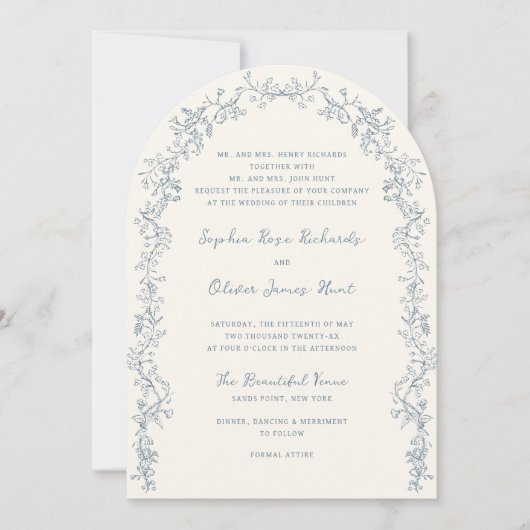 素朴ヴィンテージフローララインアートアー結婚チ 招待状 (正面)