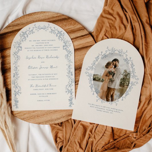 素朴ヴィンテージフローララインアートアー結婚チ 招待状