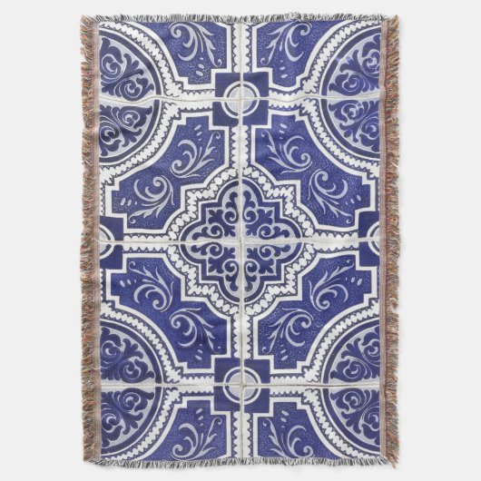 素朴ヴィンテージポルトガルのタイル模様 – Azulejo スローブランケット (正面縦)