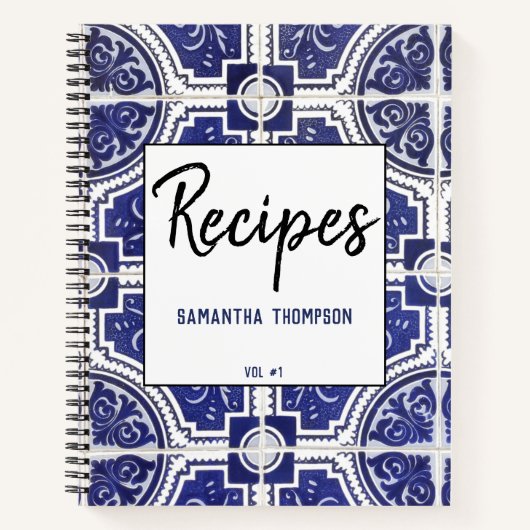 素朴ヴィンテージポルトガル語タイルのパターンレシピ ノートブック (正面)