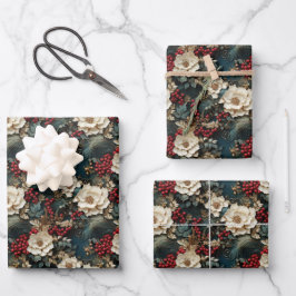 素朴ヴィンテージレトロ3Dクリスマスポインセチア ラッピングペーパーシート