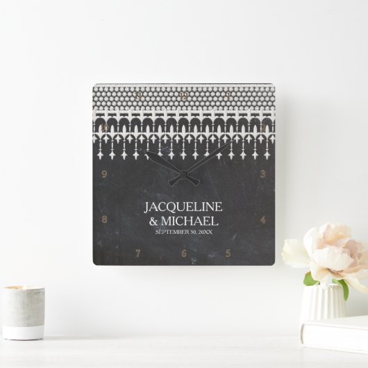 素朴ヴィンテージレースチョークボードスクリプトタイポグラフィ スクエア壁時計 (ホーム)