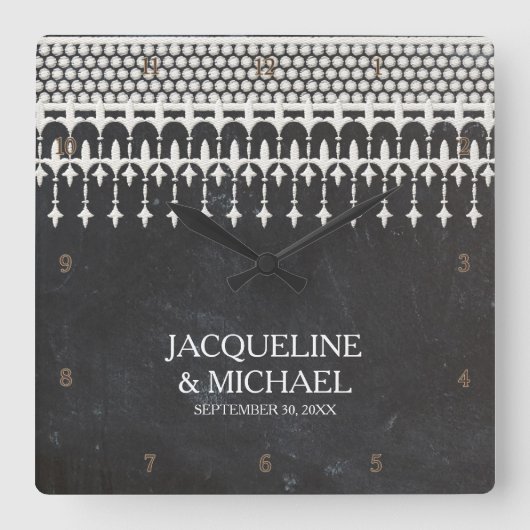 素朴ヴィンテージレースチョークボードスクリプトタイポグラフィ スクエア壁時計 (正面)