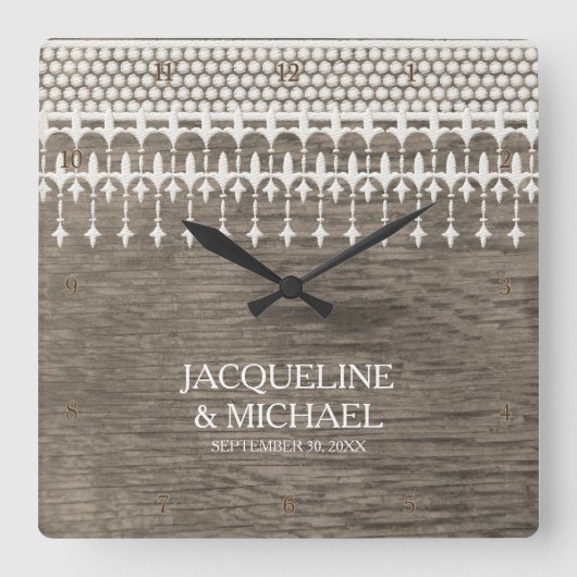 素朴ヴィンテージレースフェンスボードスクリプトタイポグラフィ スクエア壁時計 (正面)