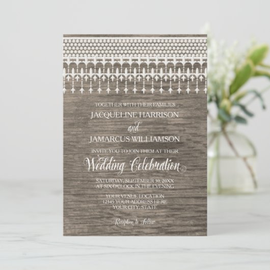 素朴ヴィンテージレース木製フェンススクリプトタイポグラフィ 招待状 (スタンド正面)