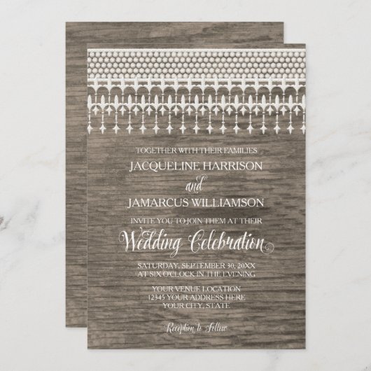 素朴ヴィンテージレース木製フェンススクリプトタイポグラフィ 招待状 (正面/裏面)