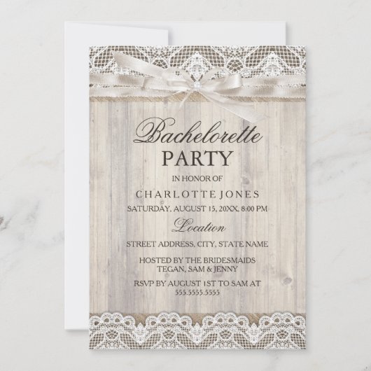 素朴ヴィンテージレース&ウッドバチェロレッテ 招待状 (正面)