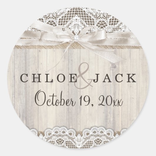 素朴ヴィンテージレース&ウッド結婚ステッカー ラウンドシール (正面)