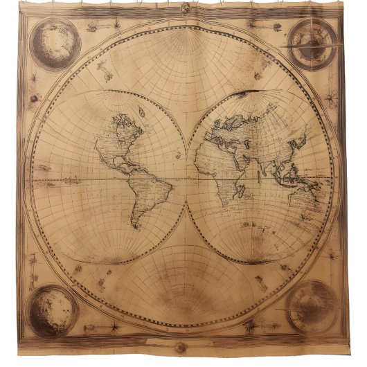 素朴ヴィンテージ世界地図グローブ シャワーカーテン (正面)