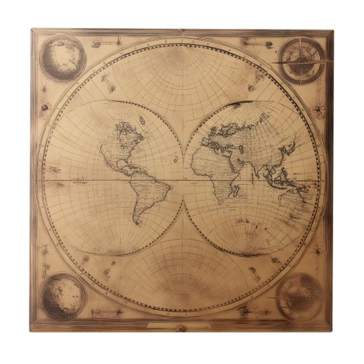 素朴ヴィンテージ世界地図グローブ タイル (正面)