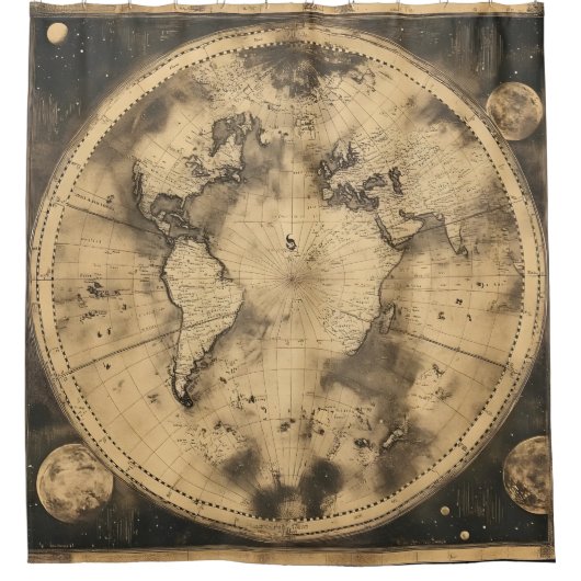 素朴ヴィンテージ世界地図グローブ(5) シャワーカーテン (正面)