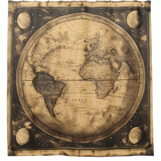 素朴ヴィンテージ世界地図グローブ(6) シャワーカーテン (正面)