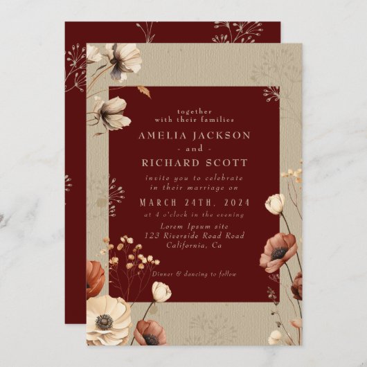 素朴ヴィンテージ乾草ブルゴーニュ結婚ーズ 招待状 (正面/裏面)