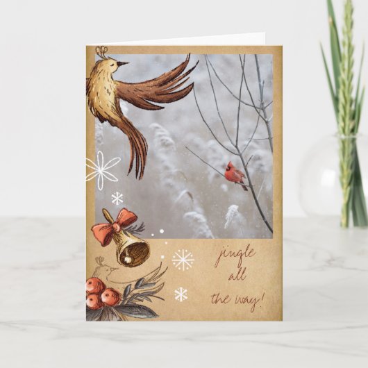 素朴ヴィンテージ冬(鳥)ショウジョウコウカンチョウクリスマスフォト シーズンカード (正面)