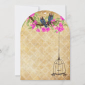 素朴ヴィンテージ明るい赤紫色ラブバードカゴ結婚ズ 招待状 (裏面)