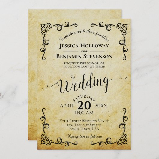 素朴ヴィンテージ書道結婚の 招待状 (正面/裏面)