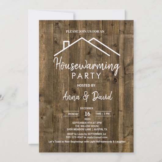 素朴ヴィンテージ木目モダン引っ越し祝いパーティーパーティー 招待状 (正面)