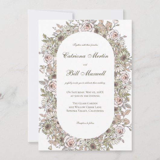 素朴ヴィンテージ植物性フローラ結婚式招待状 招待状 (正面)