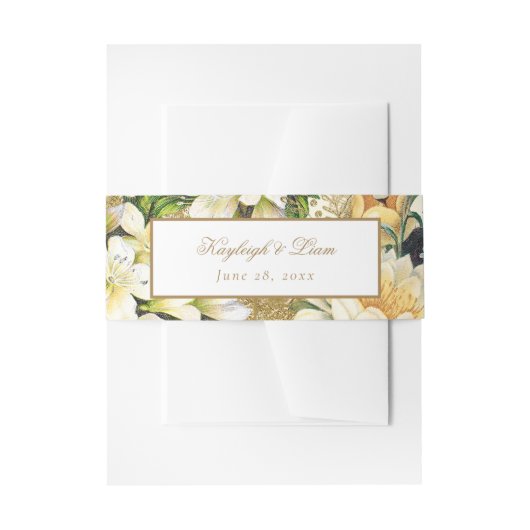 素朴ヴィンテージ白い花金ゴールド結婚緑 招待状ベリーバンド (正面例)