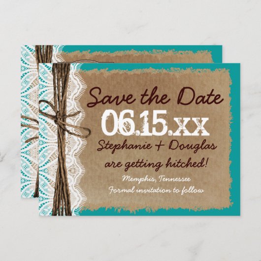 素朴ヴィンテージ紙ティール（緑がかった色）日付はがきを保存 案内ポストカード (正面/裏面)