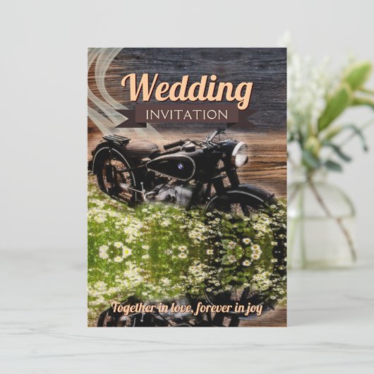 素朴ヴィンテージ結婚バイクの5 x 7 招待状 (スタンド正面)