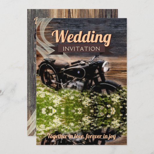 素朴ヴィンテージ結婚バイクの5 x 7 招待状 (正面/裏面)