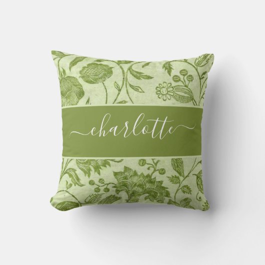 素朴ヴィンテージ緑フローラ クッション (正面)