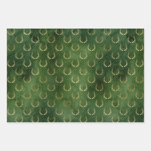 素朴ヴィンテージ緑色金ゴールド箔〔雄ジカの〕枝角パターン ラッピングペーパーシート (正面3)