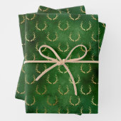 素朴ヴィンテージ緑色金ゴールド箔〔雄ジカの〕枝角パターン ラッピングペーパーシート (インサイチュ)