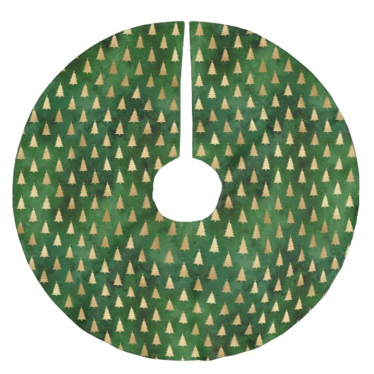素朴ヴィンテージ緑金ゴールドクリスマスツリーパターン ブラッシュドポリエステルツリースカート (正面)
