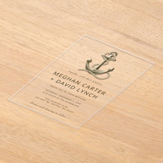 素朴ヴィンテージ航海の結婚いかり アクリル招待状 (レイダウン)