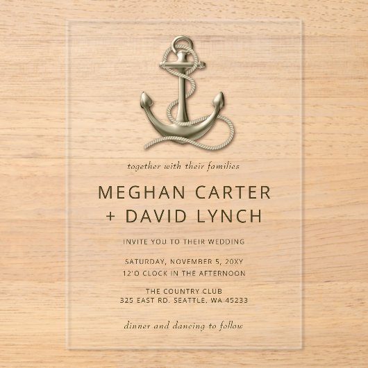 素朴ヴィンテージ航海の結婚いかり アクリル招待状 (正面)